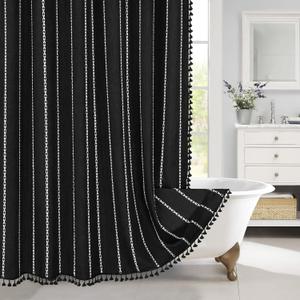 MitoVilla Boho Extra Long Shower Curtain 72 x 84, Black 84 inch XL Cotton Linen Tassel Fabric Shower Curtain Set with Hooks for Vintage Country Farmhouse Bathroom Decor, Thick & Wrinkle Resistant