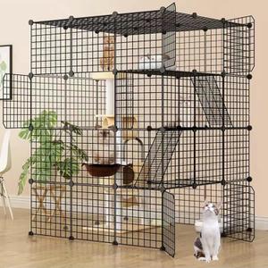 DIY Cat Cage, Detachable Metal Wire Large Kitten Enclosure with Two Ladders, Indoor Outdoor Kennels Playpen, Crate Large Exercise Place for 1-4 Cat (41L x 41W x 55H)