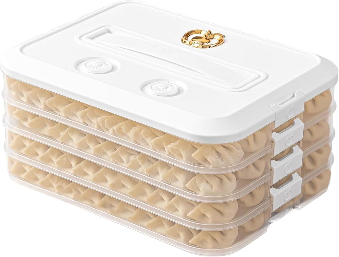 4 Layer Dumpling Box, Food Storage Containers with Lid and Handle, Stackable Biscuit Storage Box for Kitchen and Fridge (White Lid)