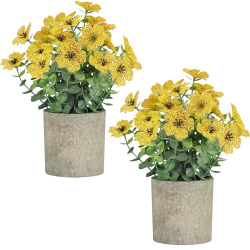 2 Pack Small Fake Plants Potted Artificial Plants Artificial Flowers Potted Faux Flower Daisy with Eucalyptus Leaves for Home Decor Office Room Farmhouse Indoor Table Bathroom Decor（Yellow）
