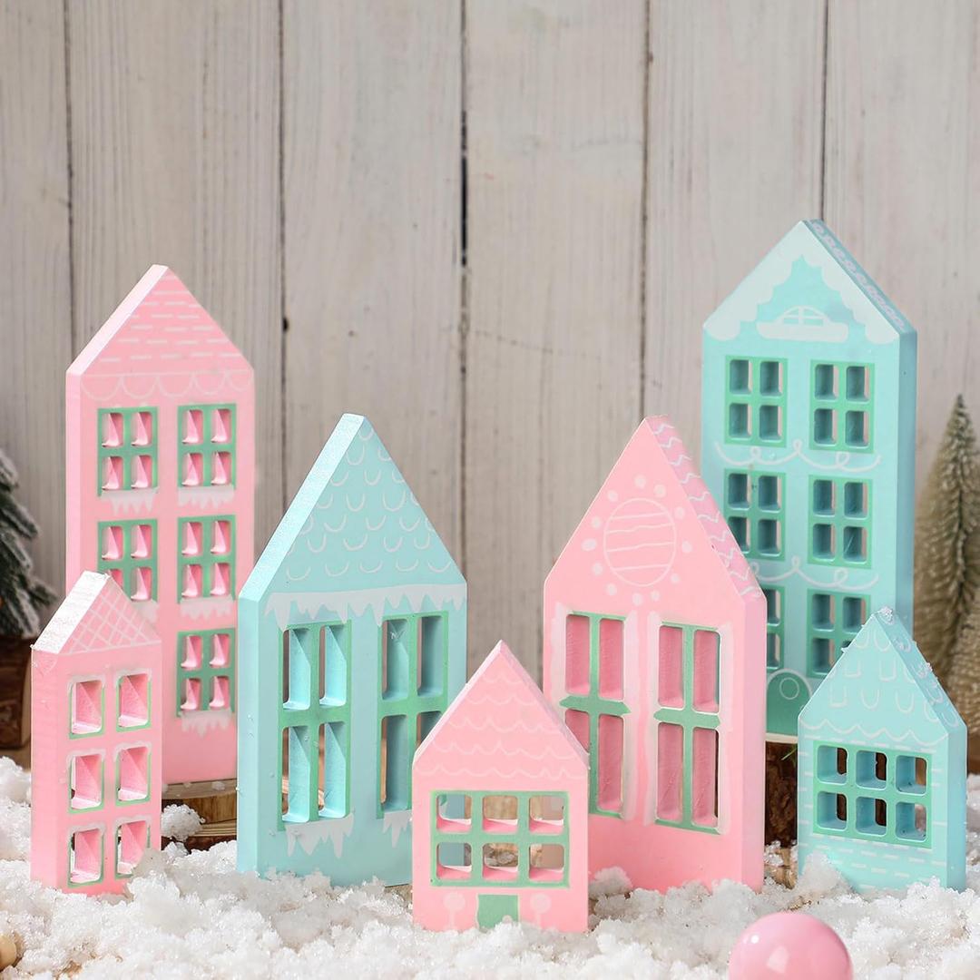 7 Pcs Christmas Village Houses Wooden Christmas Village Set Gingerbread House Decor Wood Ginger Bread Decor Winter Desk Shelf Ornament for Home Office Coffee Bar Tabletop(Pastel Colors)