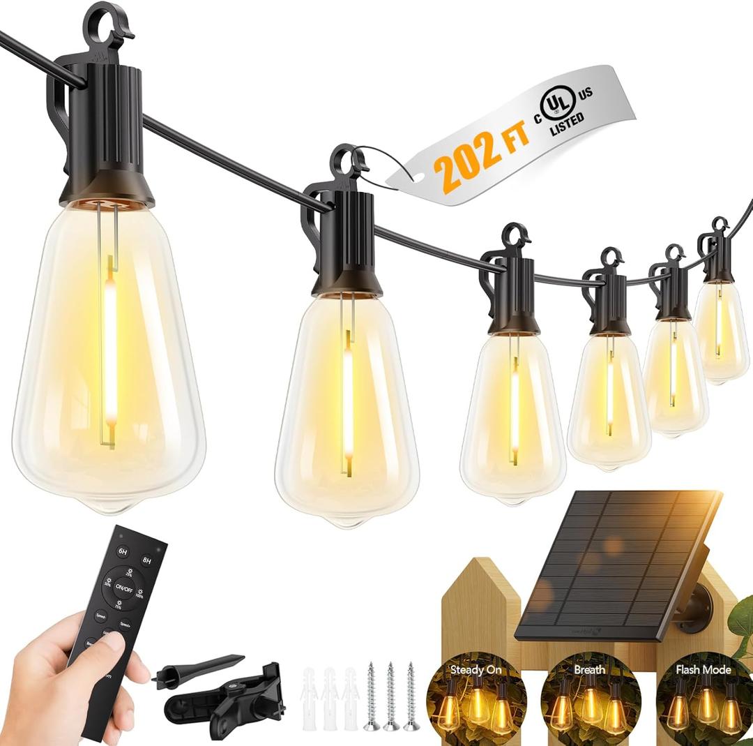 Brightown 202FT Solar String Lights Outdoor Waterproof with Remote, 65+2 LED Shatterproof Bulbs, Dimmable & Timable, 3 Light Modes - Commercial Grade Patio Lights for Garden Backyard Party Decor