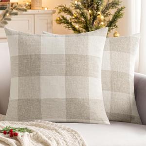 MIULEE Pack of 2 Farmhouse Buffalo Check Plaids Polyester Linen Soft Soild Square Throw Pillow Covers Cream White Home Decor Outdoor Cushion Case for Sofa Bedroom 20 x 20 Inch