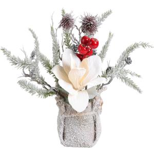 13.8 Christmas Flower Desk Decor Tabletop Small Artificial Potted Christmas Tree-Snowy Poinsettia, Red Berry, Pinecone & Pine Branches Arrangement in Burlap Vase (Cream White Magnolia)