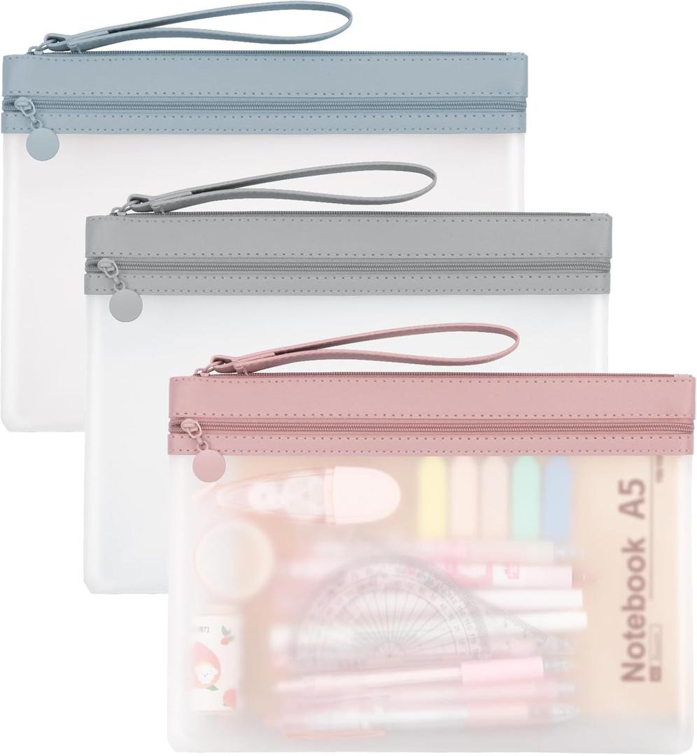 Clear Pencil Pouch, A5 Pencil Case Pouch with Zipper, Large Clear Pencil Case with Double Pockets, 3 Pack, Pencil Pouch for Office School Supplies Makeup Travel Accessories (Soft Pastel)