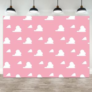 7x5ft White Clouds Pink Backdrop Cartoon Baby Shower Photography Background Girl Story Theme 1st 2nd 3rd Birthday Party Banner Decorations Kids Boys Girls Portrait Photo Booth Prop