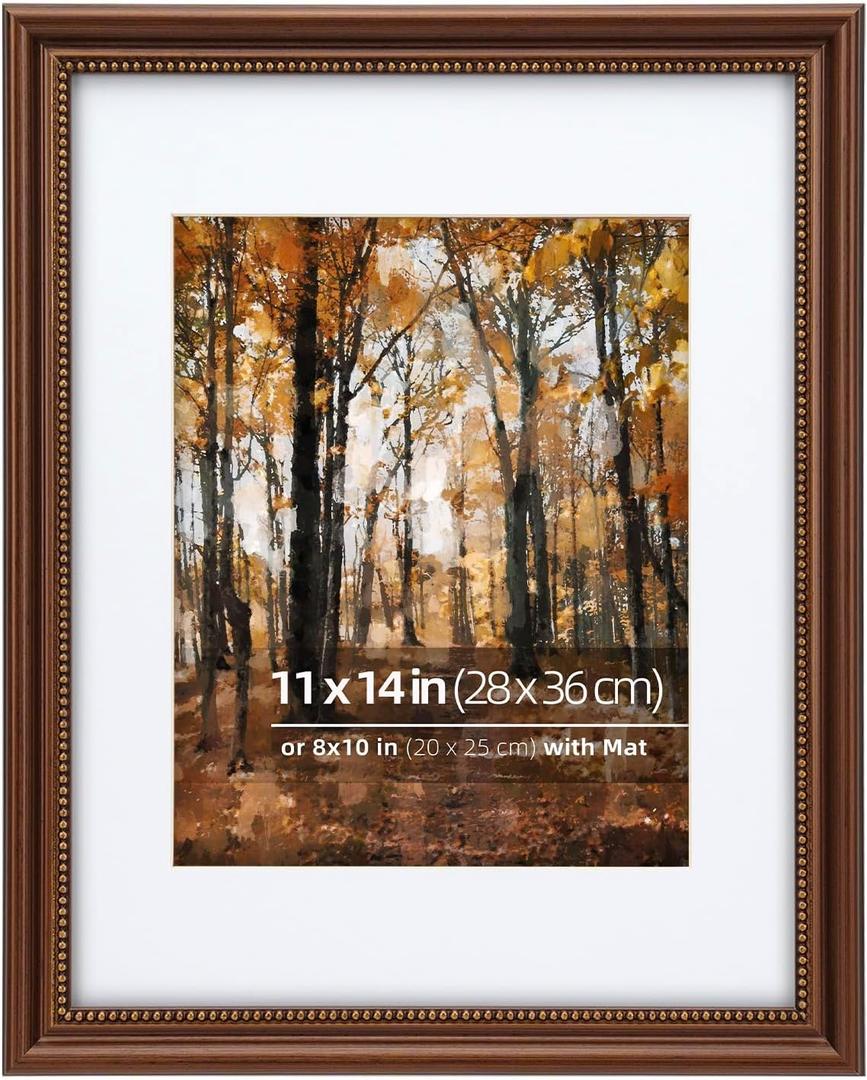 11x14 in Wood Classic Gallery Picture Frame, Ornate Beaded Inner, Matted for 8x10 Photo, Vertical or Horizontal Display, Brushed Brown Brass