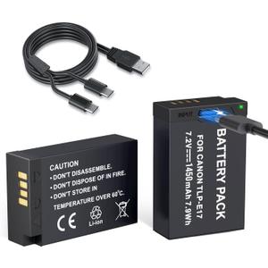 LP LP-E17 Battery 2-Pack 1450mah USB-C Charging Port Battery for Canon EOS R50 RP R10 R8, Rebel T8i, T7i, T6i, T6s, SL2, SL3, EOS M3, M5, M6, EOS 200D, 77D, 750D, 760D, 800D, 8000D Digital SLR Camera