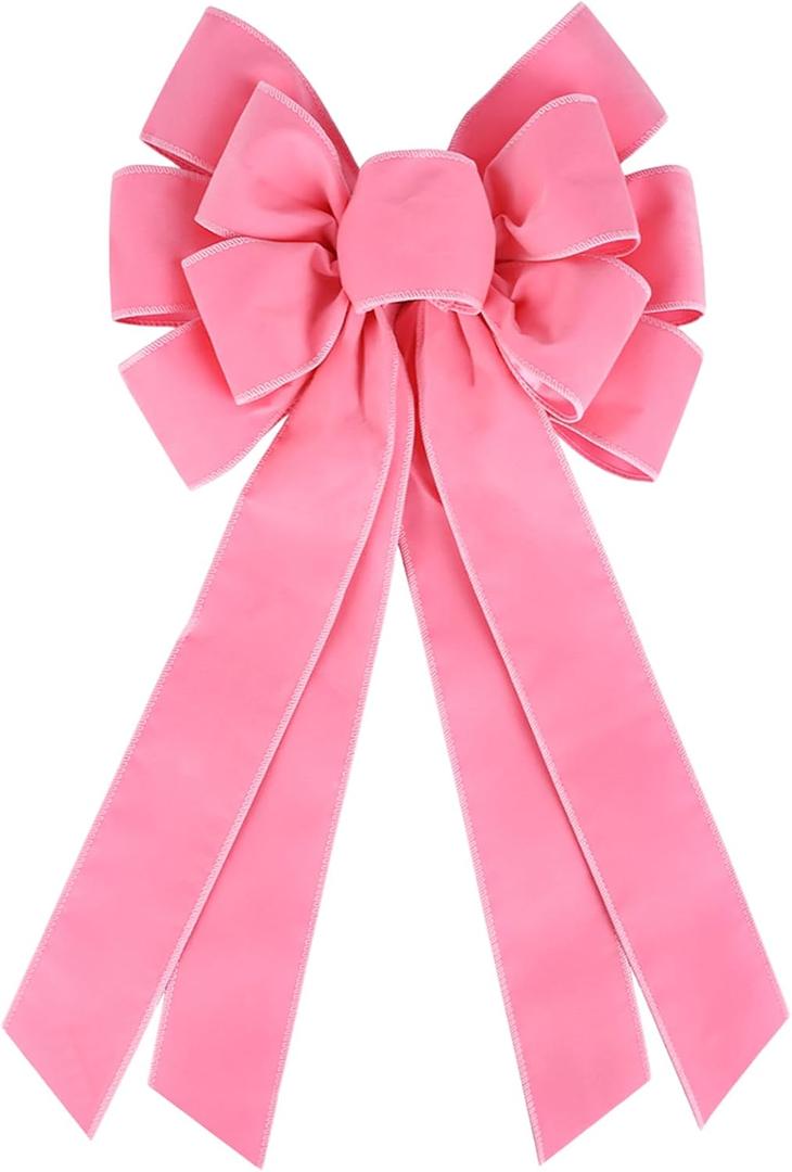 Large Pink Velvet Christmas Wreath Bow, Xmas Premade Vintage Velvet Bow for Wreaths for Indoor Outdoor Tree Topper Door Garland Holiday Party Winter Decor