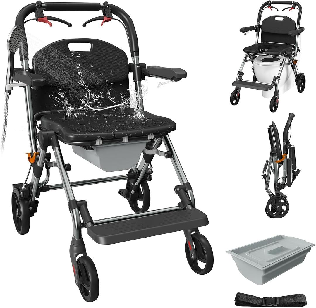 Portable Bedside Commode Chair 3-in-1, Foldable Toilet Chair with Raised Seat & Shower Chair, for Use with Wheelchairs for Adults, Heavy Duty Commode for Elderly, Disabled, Supports 330 lbs (Black)