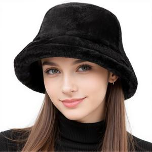 HONGTEYA Winter Bucket Hat Fluffy Faux Fur Fisherman Cap for Women Men Solid Color Style (Black)