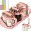 Suclain 3 Pcs Sugar Coffee Container Set 16 oz Glass Condiment Jar Spice Container Coffee Station Organizer Set with Label Stickers Scoop for Bean and Sugar Candy, Oats, Nuts(Pink)