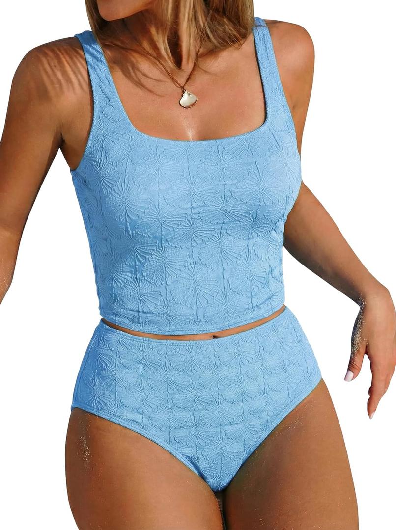 ZAFUL Womens Tankini Swimsuits Two Piece Tummy Control Bathing Suits Textured Tankini Swim Top with High Waisted Bottom (Blue, M)
