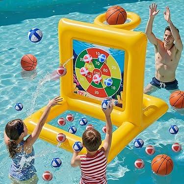 Pool Toys for Kids & Adults, 2-in-1 Pool Basketball Game & Dart Board Game Set, Pool Party Games for Kids Ages 6+ and Adults, Family Backyard Pool Games