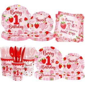 Berry First Birthday Decorations Strawberry 1st Birthday Tableware Set Sweet One Strawberry Bday Party Supplies Decor for Girls include Disposable Plates Napkins Cups Forks Knives Serve 30