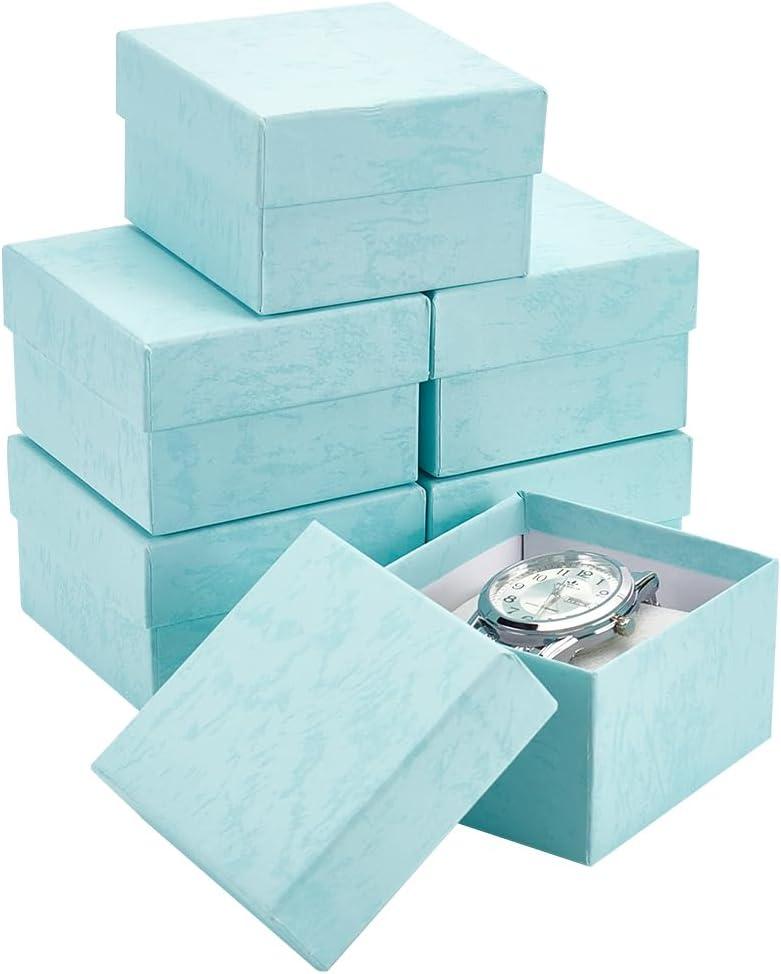 BENECREAT 6 Pack Kraft Cardboard Watch Storage Gift Box, 3.2x3x2inch Rectangle Present Jewelry Box with Nonwoven Cloth Cushion for Bangle Wrist Watch Bracelet Packaging, Pale Turquoise