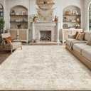 7x9 Beige Washable Area Rug for Living Room Bedroom Neutral Soft Non Slip Rug Low Pile Vintage Distressed Carpet for Dining Room Nursery Office Indoor