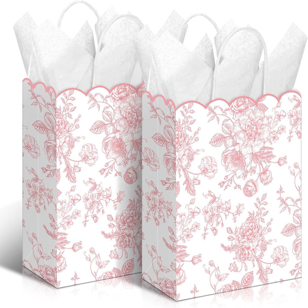 Kolldenn 24 Pcs Pink Floral Gift Bags with Handles Wildflower Party Favor Candy Treat Goodie Bags Scalloped for Birthday Decoration for Bridal Baby Shower Party Supplies, 6.3x3.2x8.3 In