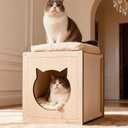 Wooden Cat beds for Indoor Cats,Large Double Cat House Cave with 2 Soft Cushion,Warm Cozy Pet Hideaway for Kittens & Big Cats,17.7"x16.9"x19.68" Natural