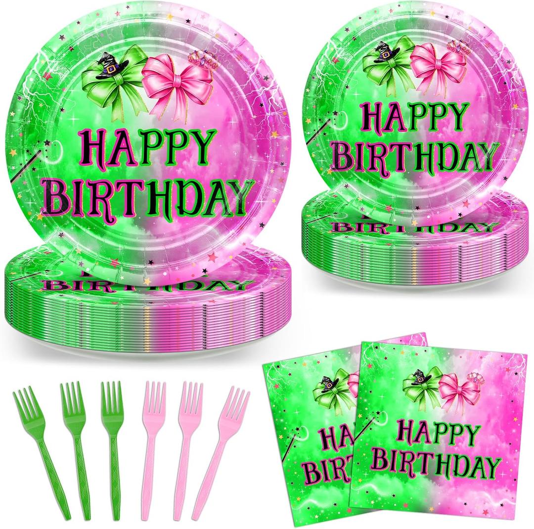 Avezano 96 PCS Pink and Green Party Decorations Witch Bow Plates Tableware Girls Women Witch and Princess Birthday Party Supplies, Serves 24