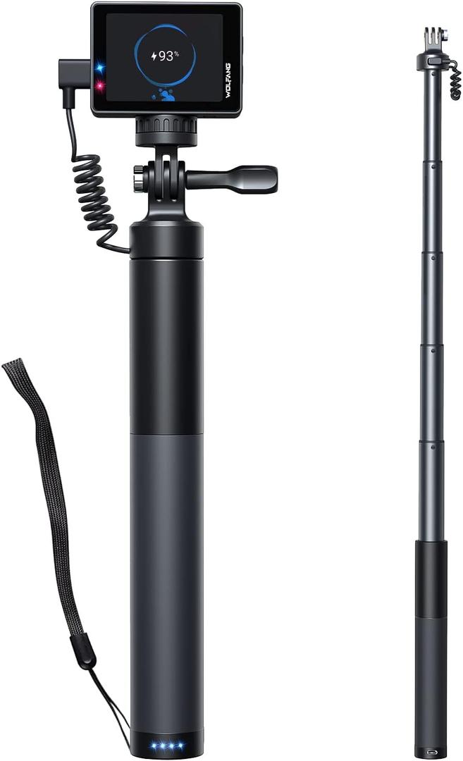 WOLFANG GB2200 Rechargeable Selfie Stick with 2600mAh Rechargeable Battery, Selfie Stick Black Rotation Action Camera, Compatible with Other Action Cameras and Travel(24-60CM)