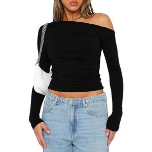 Darong Women's Casual Boat Neck Off Shoulder Long Sleeve Slim Fit Crop Top Going Out Shirts Y2K Tight T Shirts 9026 Black Medium