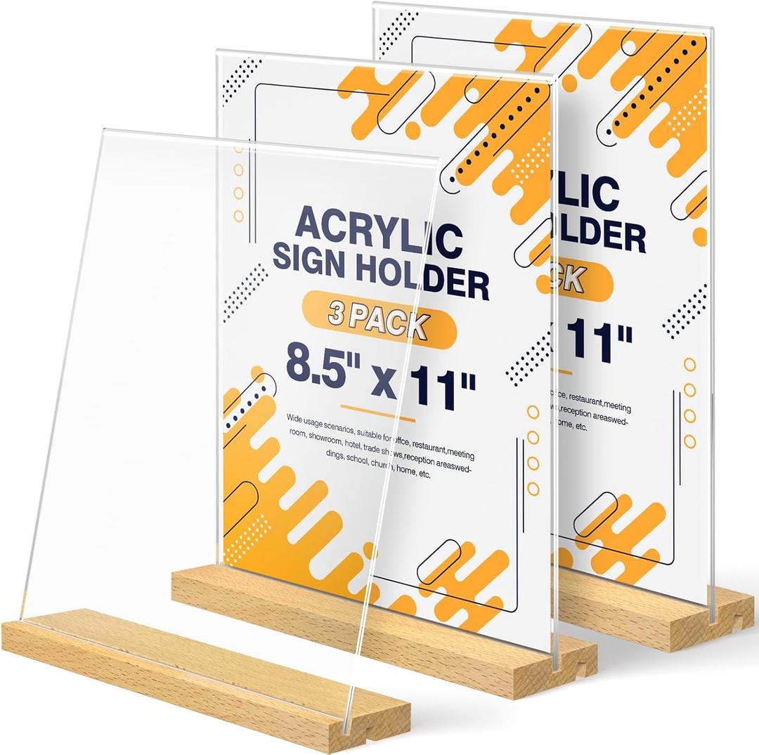 8.5 x 11 Acrylic Sign Holder with Wood Base - Tabletop Display Menu Stand - Clear Plastic L/T Shape Vertical or Slant Back Paper Holders - 3 Pack