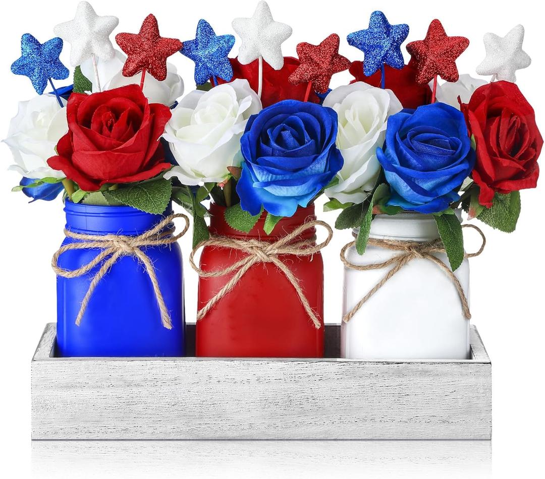 Nuogo 28pcs 4th of July Decorations Patriotic Mason Jar Table Centerpiece with Flowers Star Ornaments Red Blue White Mason Jars Decor Memorial Day Independence Day Party Table Decorations Gift