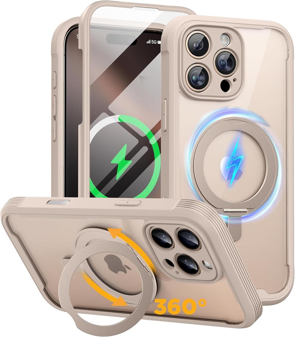 Miracase for iPhone 16 Pro Max Case with 360 Magnetic Ring Stand [Compatible with Magsafe] Full-Body Drop Proof Bumper Phone Case with Built-in 9H Tempered Glass Screen Protector,Desert