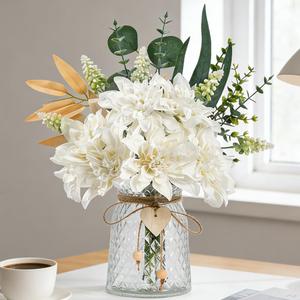 Fake Flowers with Vase Silk Flowers in Vase Dahlia Flowers Arrangement Suitable for Home Office Decoration, Dining Table Centerpiece (Dahlia-White)