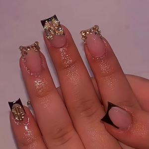 24pcs Black French Tip Press on Nails Short Square Gold 3D Bow Fake Nails with Gold Dollar Rhinestones Nail Tips Design Bow False Nails Acrylic Nails French Acrylic Nails Glue on Nails for Women