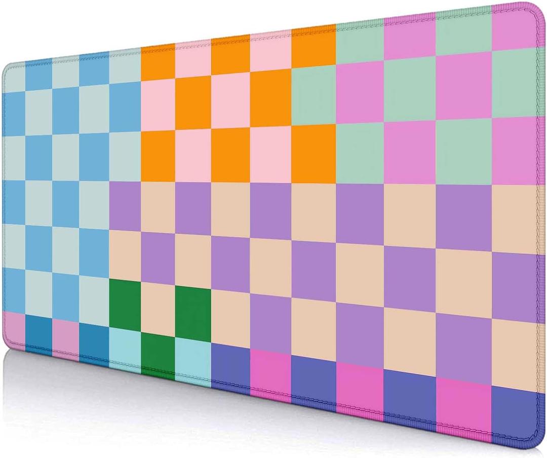 Colorful Checkered Desk Mat, Retro Purple Pink Blue Green XXL Large Mouse Pad, Aesthetic Big Computer Mouse Mat for Office, Rubber Base Mousepad Desk Pad with Stitched Edges, 35.4 x 15.7 in