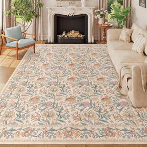 DUKINO 9x12 Area Rug for Living Room, Vintage Floral Washable Rug, Beige
