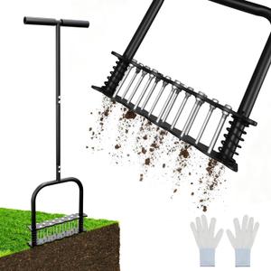Upgraded Lawn Aerator Tool with 14 Steel Spikes, Hand Grass Aerator Spike Tool Manual Lawn Aerators with Spring-Loaded Design&Automatic Leaf and Dirt Cleaning for Yard, Garden Black