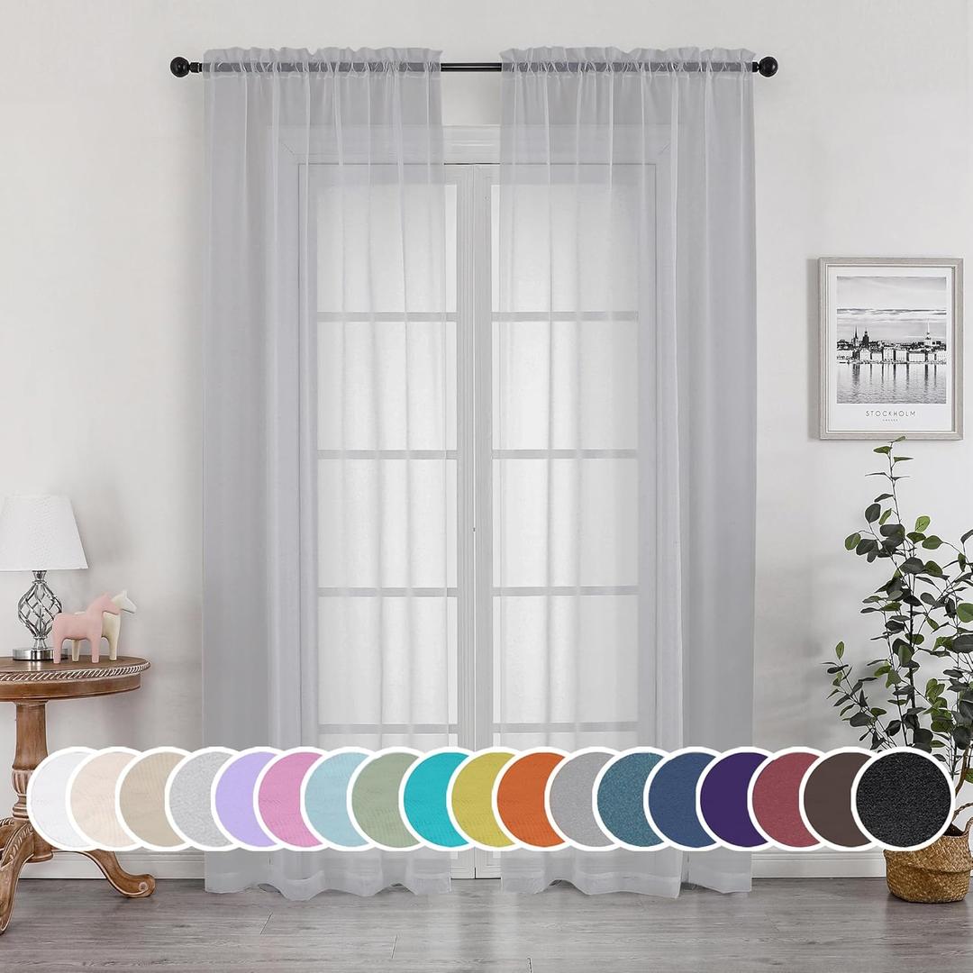 OWENIE Light Grey Sheer Curtains 84 inches Long 2 Panels Set for Bedroom Living Room, Soft Solid Living Room Sheer Curtain, Rod Pocket Light Filtering Farmhouse Curtains, 2 Pcs Each 42 W x 84" L