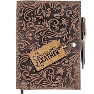 moonster Leather Journals for Women for Writing  Flower Journal, Refillable Leather Bound Journal  Vintage Leather Notebook Journal, 320 Lined Pages A5 with Metallic Grey and Rose Gold Luxury Pen