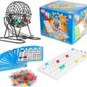 Popular Playthings Deluxe Bingo Game Set, Metal Cage with Reusable Cards and Marker Chips, Board Game Set for Adults and Kids - 18 Cards & 150 Chips