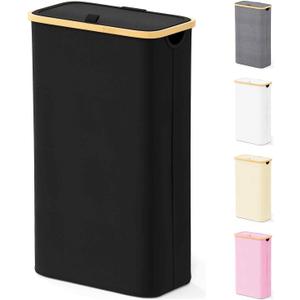 SpaceAid Slim Laundry Hamper with Lid, 65L Narrow Clothes Basket Bin with Bamboo Handles, Skinny Tall Collapsible Hamper for Bedroom, Bathroom, Dorm, Laundry Room - Black