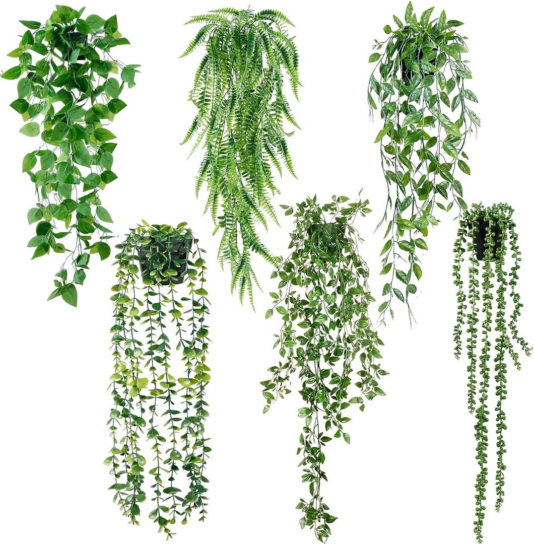 Sggvecsy Fake Hanging Plants 6 Pack Artificial Hanging Eucalyptus Plants Potted Greenery Faux Mandala Vine String of Pearls Boston Fern Ivy Vine Leaves Pea Pod for Home Indoor Outdoor Shelf Wall Decor