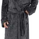 Hellomamma Mens Long Plush Robe: Fleece Bathrobe with Pocket Big and Tall Full Length Man House Coat for Winter Home XL, Gray