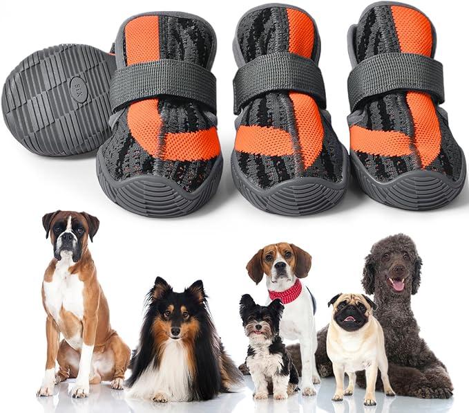 Dog Shoes,Mesh Breathable Dog Boots for Walking Running Hiking,Soft Non-Slip Rugged Rubber Sole Dog Booties with Adjustable Straps 4Pcs,Orange-Size3