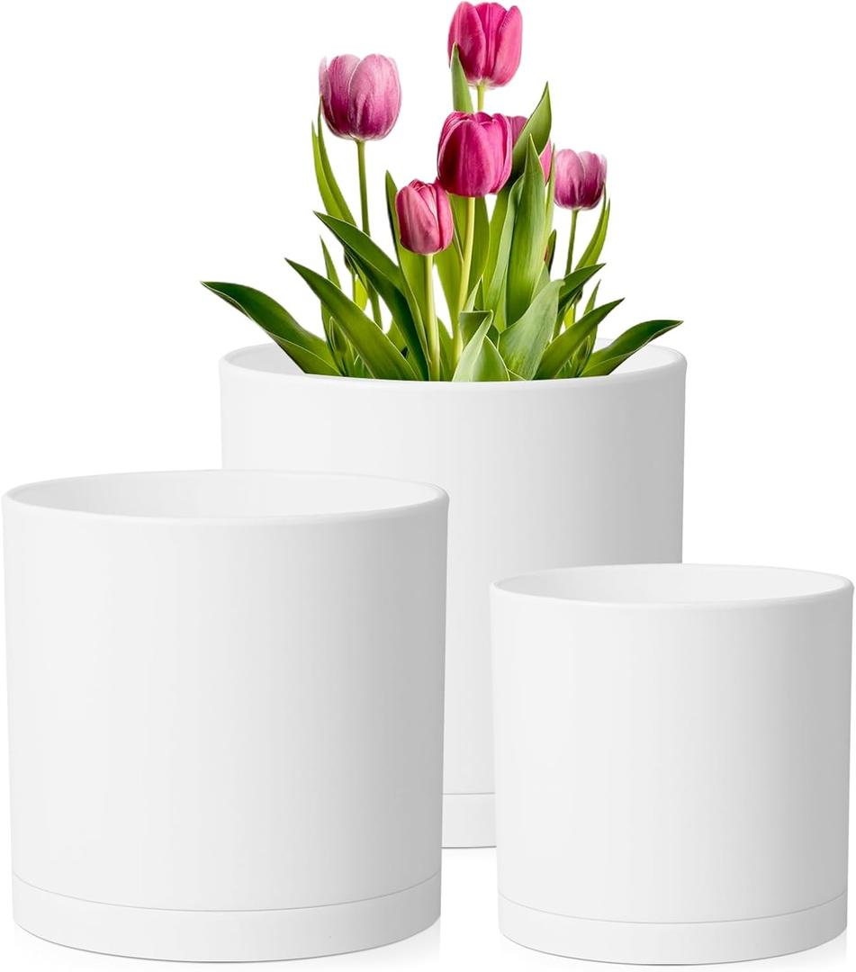 Meowell 12/10/8 inch Large Plant Pots, 3 Pack Deep Cylinder Flower Pots for Outdoor Indoor Plants, Tall Plastic Planters with Drainage Holes and Saucers for Garden House Plants, White