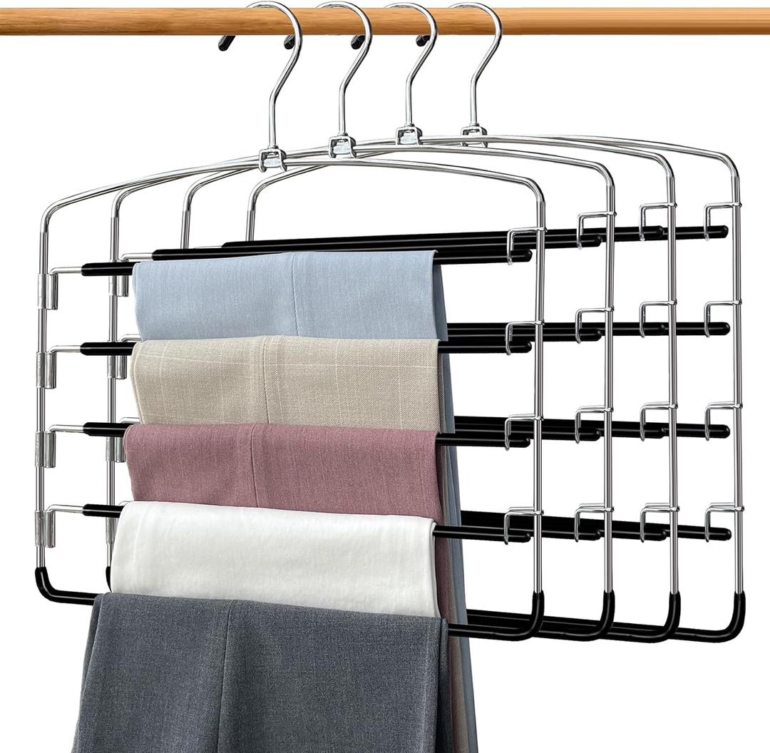 Pants Hangers 4 Pieces,5 Tier Closet Organizers and Storage Clothes Hanger,Hangers Space Saving with Swing Arm,Multiple Metal Hanger Clothes Organization for Pants Trousers Jeans Leggings Slacks