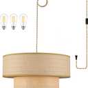Plug in Pendant Light Rattan Hanging Lights with Plug in Cord 15FT Hemp Rope Cord, 18in Boho Plug in Chandelier for Dining Room, Living Room, Kitchen, Bedroom（Bulb Included）