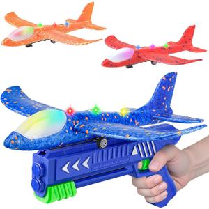 SYHLN 3 Pack Airplane Launcher Toys for 4 5 6 7 8 Year Old Boys Gifts: Airplane Shooter with 3 LED Foam Glider Planes for Kids - Outdoor Flying Toys Boys Birthday Present Gifts Age 4 5 6 7 8 9 (Blue&Red&Orange)