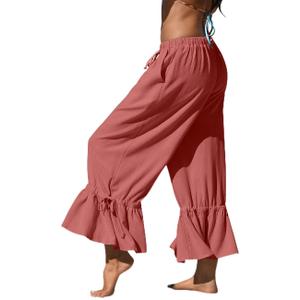 TARSE Womens Linen Wide Leg Pants Casual Cropped Ruffle with Ties Palazzo Flowy Drawstring Loose Cute Pants with Pockets XL