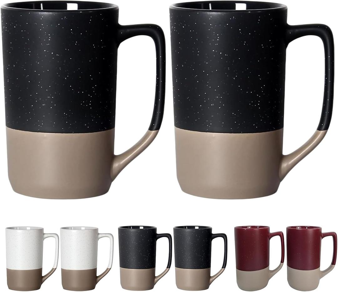 16 OZ Speckled Large Coffee Mugs Set of 2, Tall Ceramic Tea Cups with Handle, Big Beer Bulk Cup for Porcelain Cup or Mug Lovers DIY Gifts, Black
