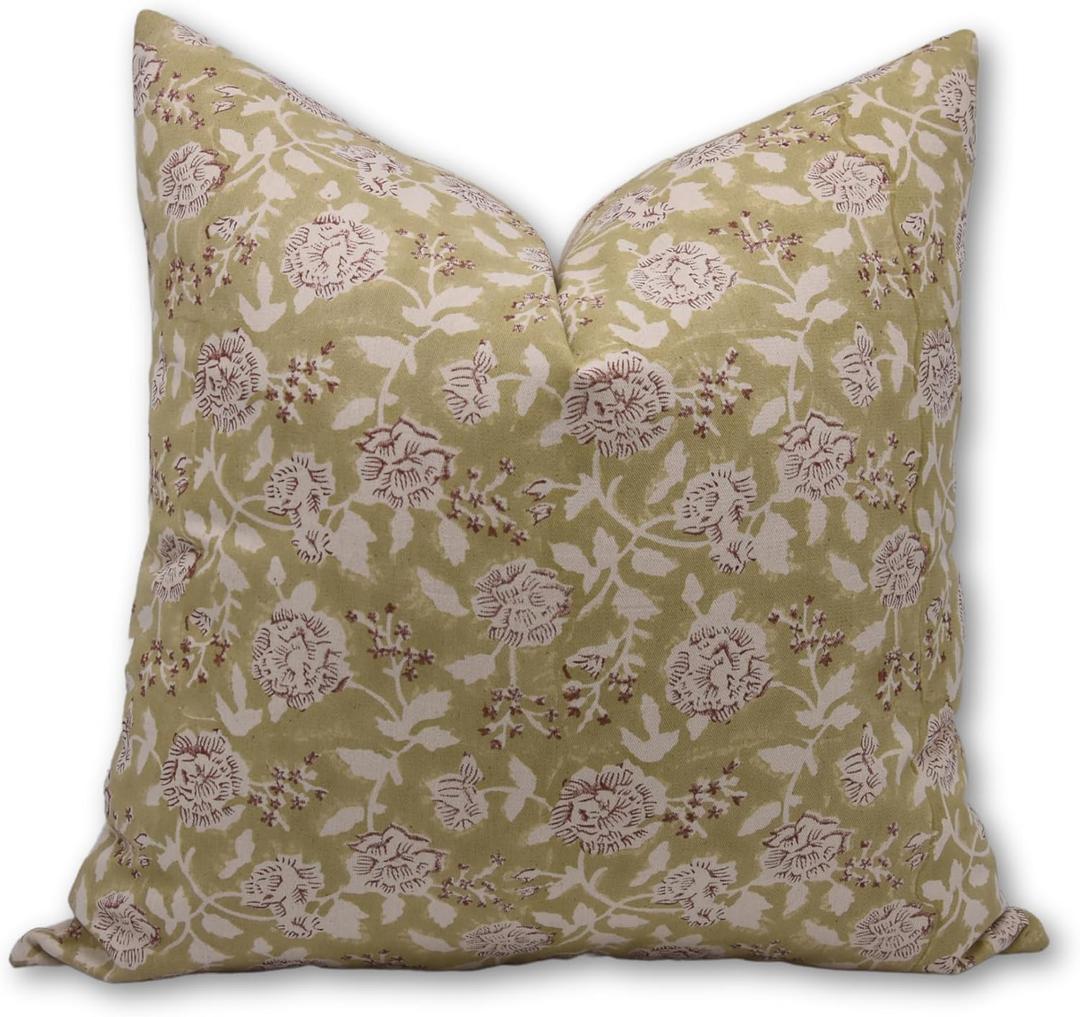 Pillow Covers Bohemian Hand Block Print Thick Cotton Throw Pillowcase Cushion Cover 16x16 Inch for Sofa, Couch, Summer Fall Decoration, Living Room (Rameshwaram-Light Green)