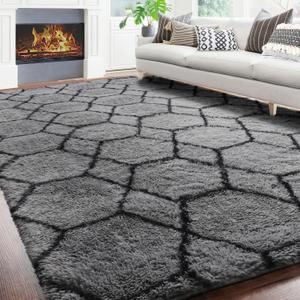 ONASAR 6x9 Area Rugs for Living Room Bedroom, Large Fluffy Grey and Black Throw Rug, Geometric Soft Plush Shaggy Fuzzy Floor Carpet for Nursery Kids Girls Boys Teen Dorm Home Office Decor Aesthetic