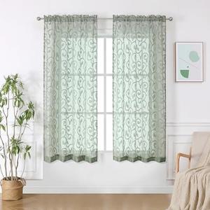 OWENIE Furman Sage Green Sheer Curtains 45 Inch Length 2 Panels Set for Living Room Bedroom Bathroom Window, Airy Jacquard Clip Short Curtains for Small Window, Each 42Wx45L inch